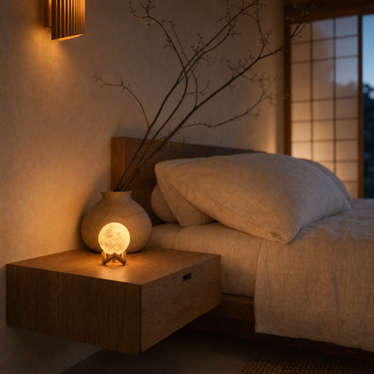 Luna moon lamp glowing on oak floating nightstand at dusk