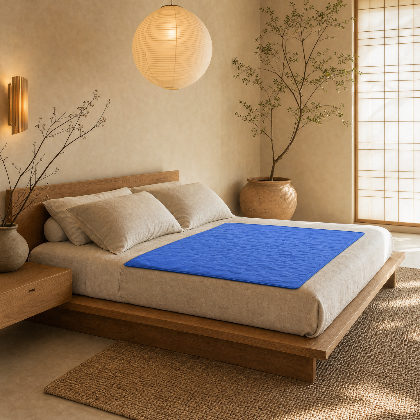 Frost cooling gel pad on oak platform bed