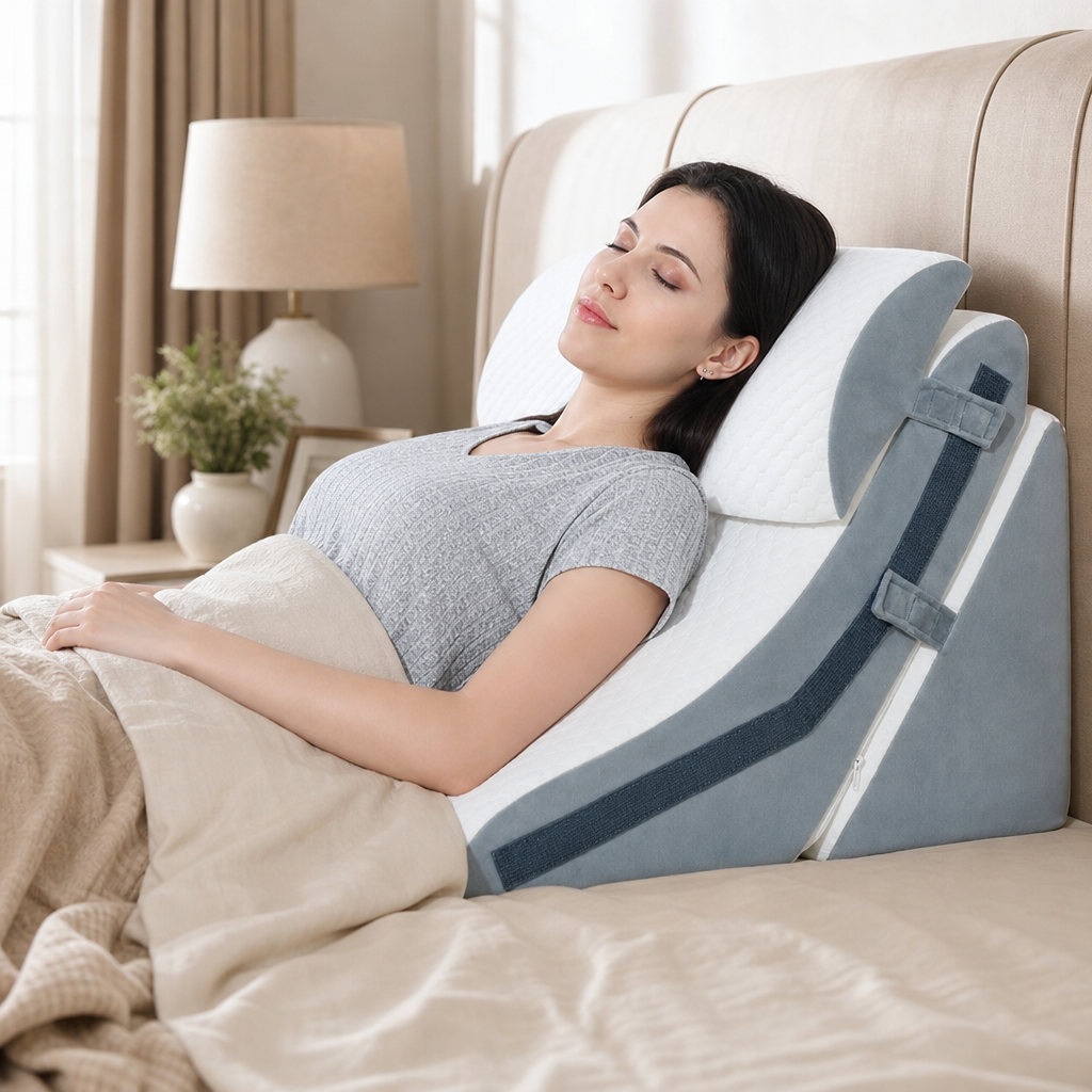 Woman resting on the Calm Eden Terrace adjustable wedge system in a warm bedroom
