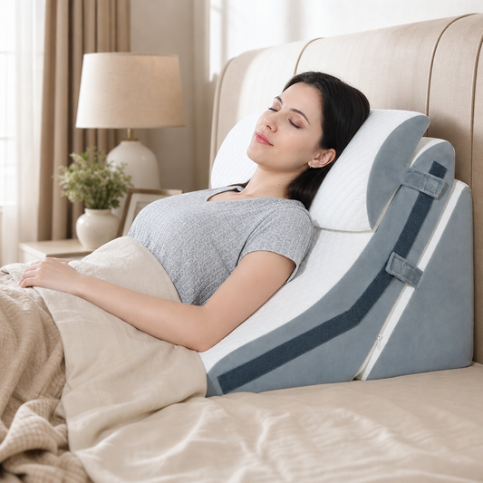 Woman resting on the Calm Eden Terrace adjustable wedge system in a warm bedroom
