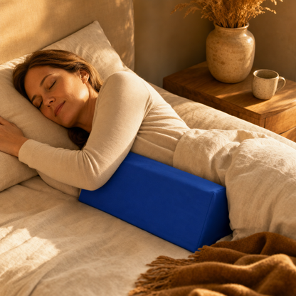 Woman asleep on her side with the Calm Eden Anchor positioning wedge for support