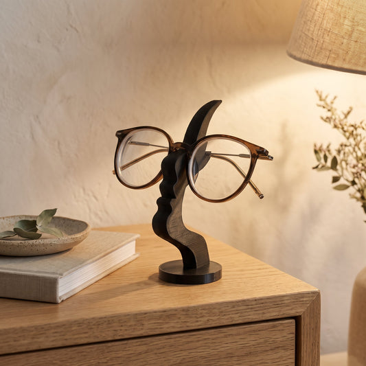 Visage™ Glasses Stand holding reading glasses on an oak nightstand in Calm Eden style