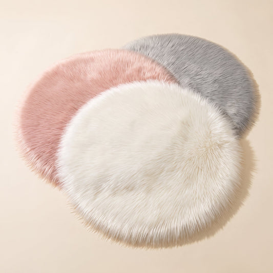 Tuft™ Faux Fur Round Rug — ivory, blush and cloud grey rounds on warm cream background