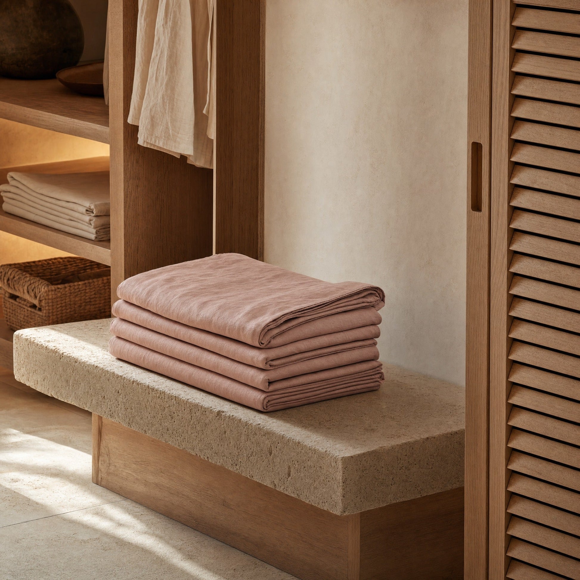 Folded blush linen sheets on stone bench in oak closet