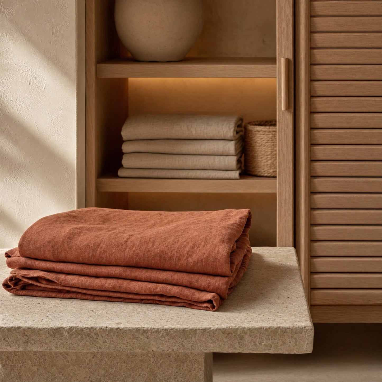 Folded clay linen sheet on stone bench in oak closet