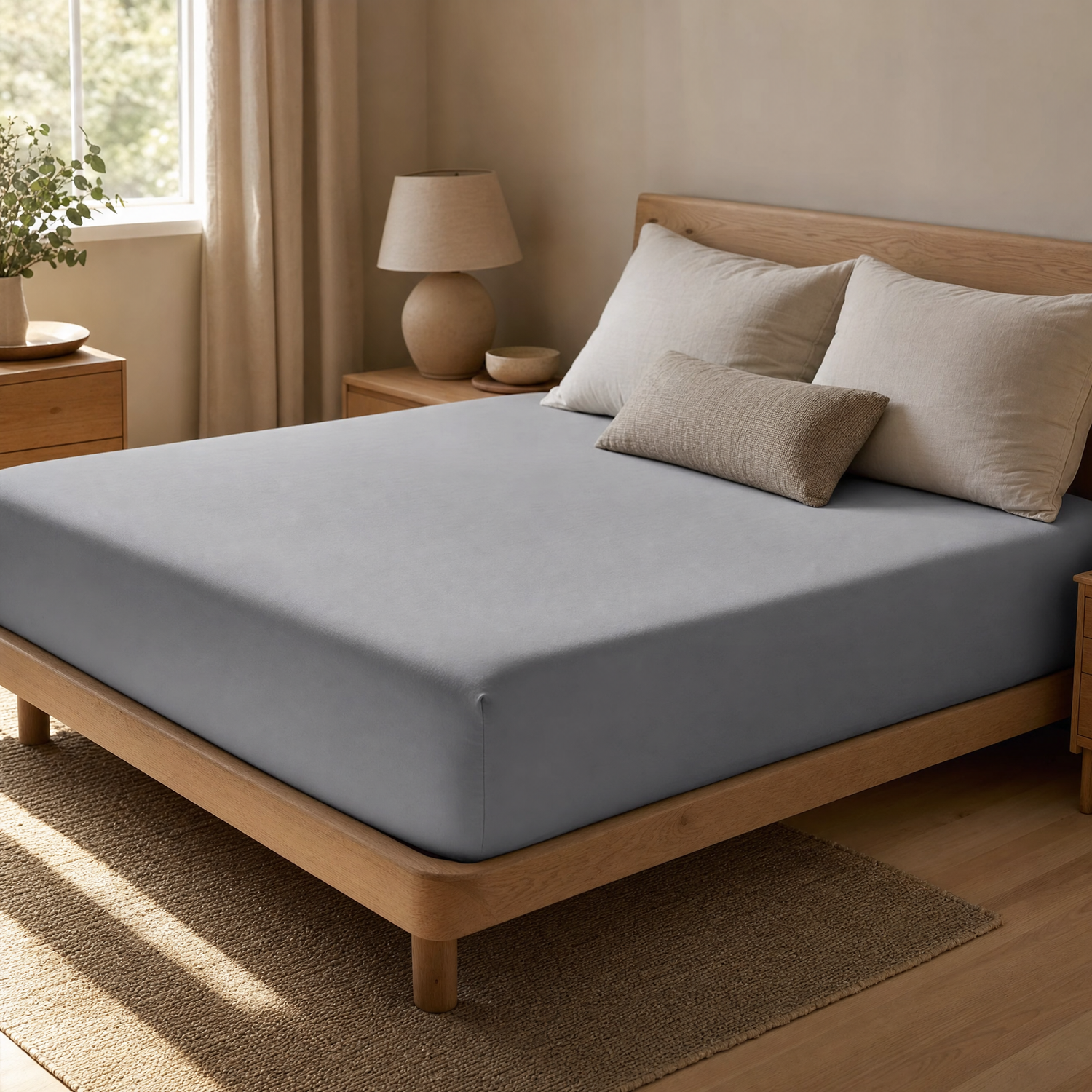 Beautifully made bed with the CalmEden Tuck fitted sheet