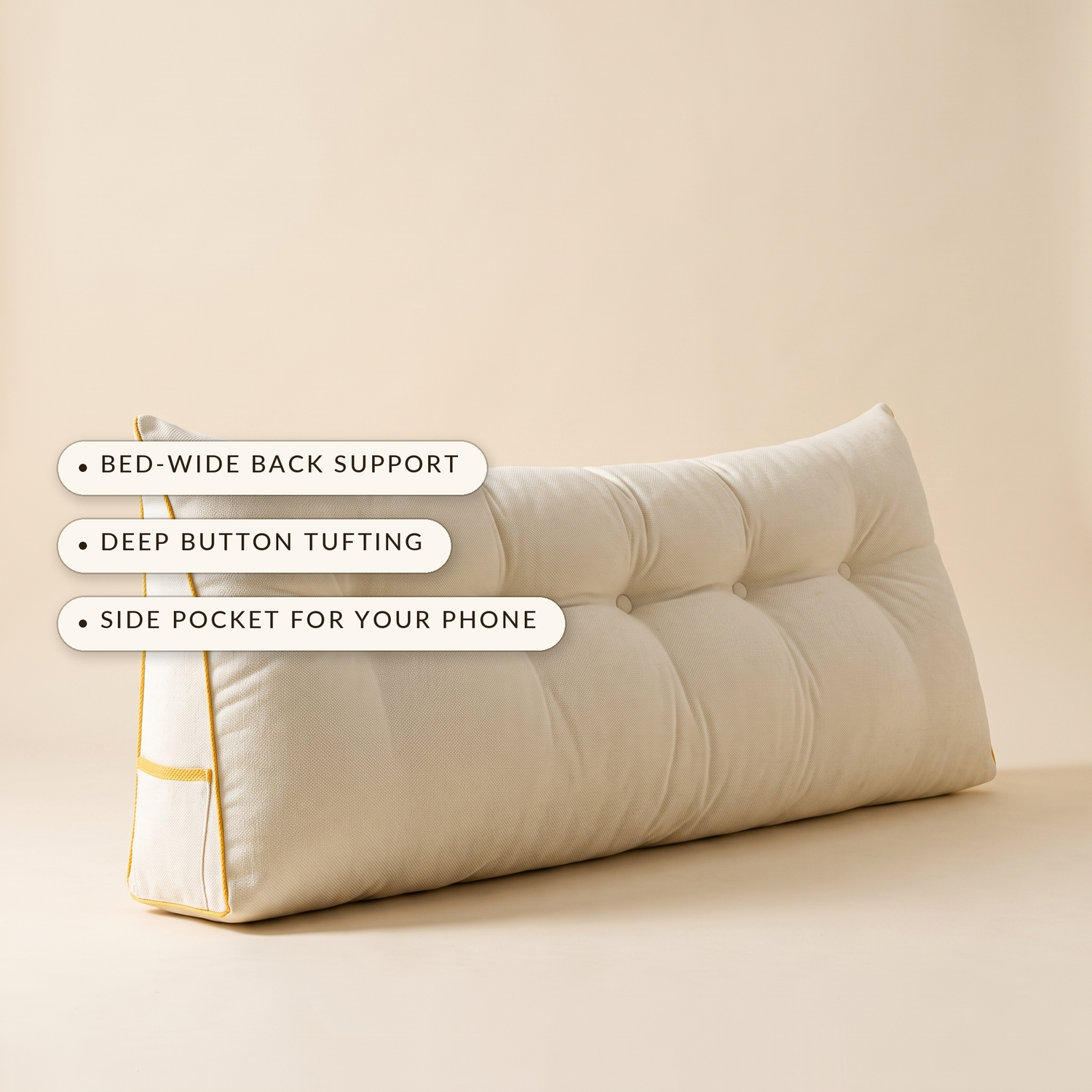 Lean™ Headboard Wedge Pillow — bed-wide back support, deep button tufting, side pocket