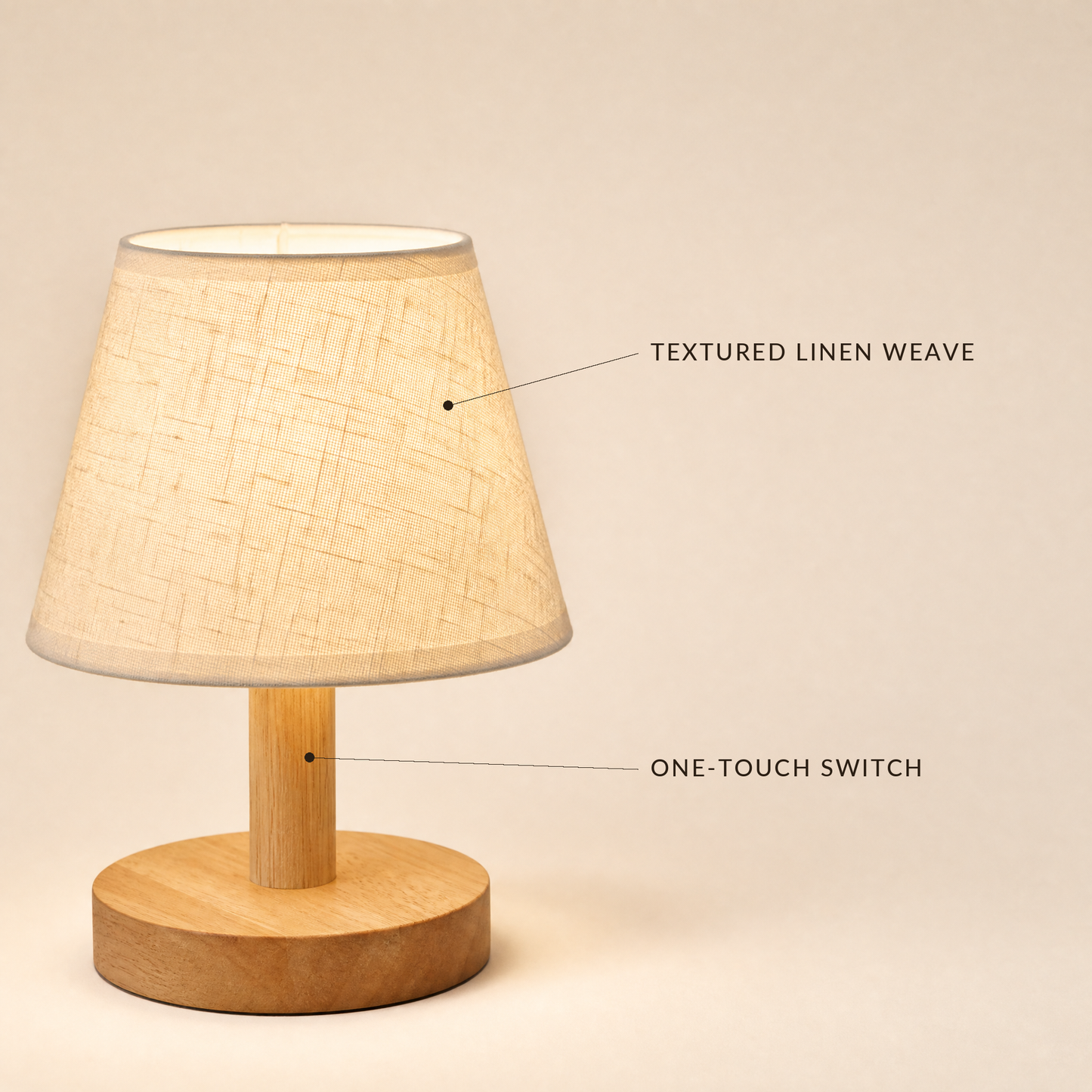 Glow lamp callout: textured linen weave, one-touch switch