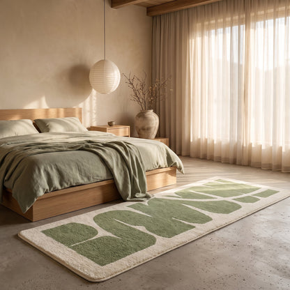 Fern™ Sage Runner Rug in Stroke beside the oak bed in a warm Calm Eden-style bedroom