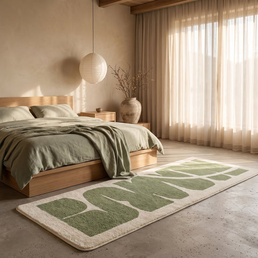 Fern™ Sage Runner Rug in Stroke beside the oak bed in a warm Calm Eden-style bedroom