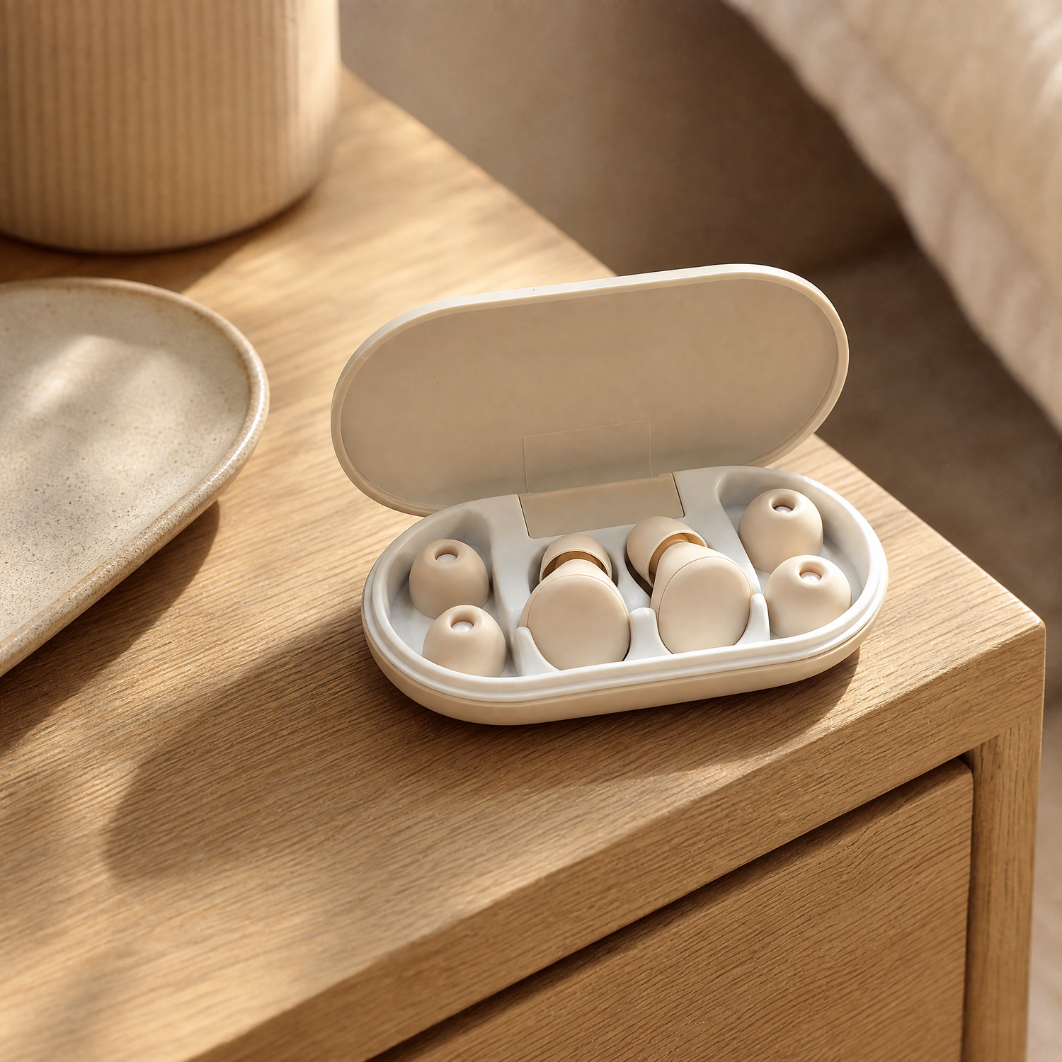 CalmEden Hush earplugs in their open case on a nightstand