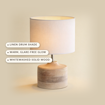 Grain™ Wood Table Lamp — linen drum shade, warm glare-free glow, whitewashed solid wood