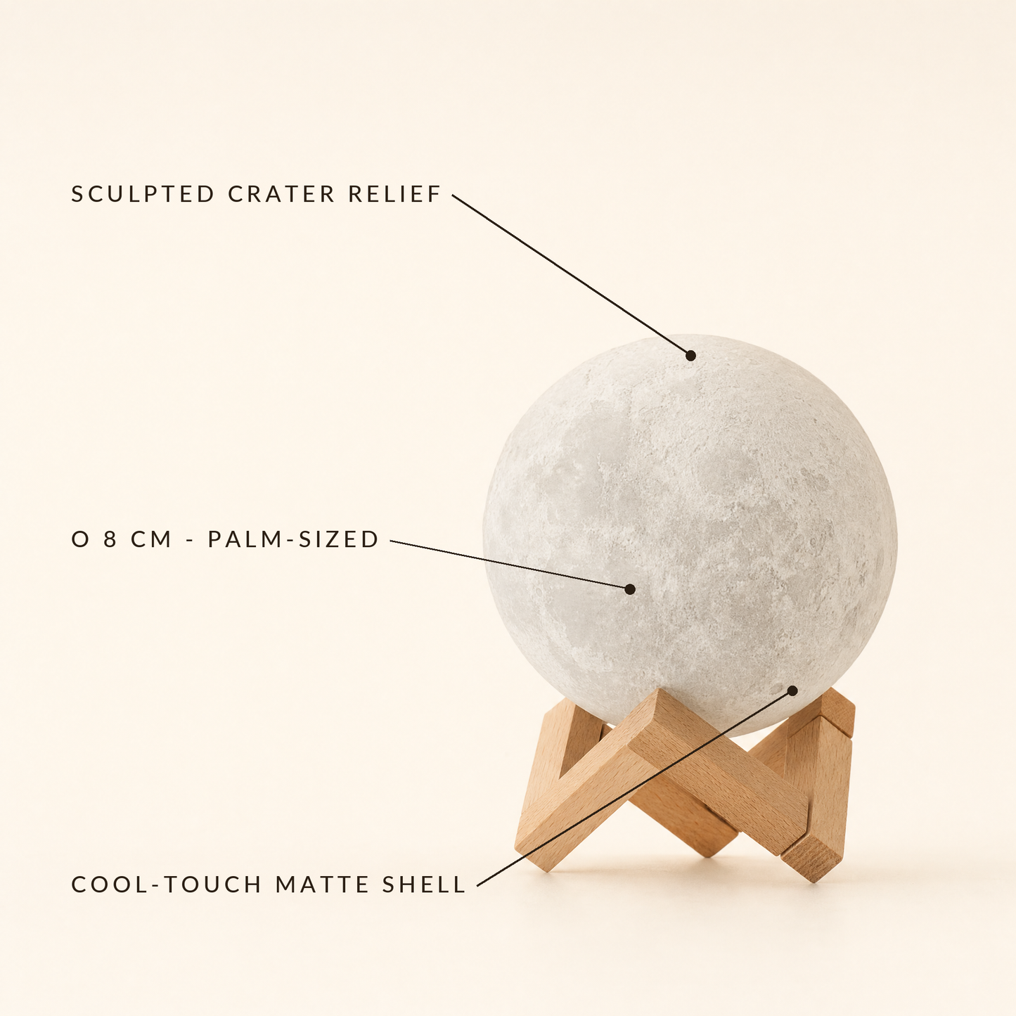 Luna features: sculpted crater relief, 8 cm palm-sized, cool-touch shell