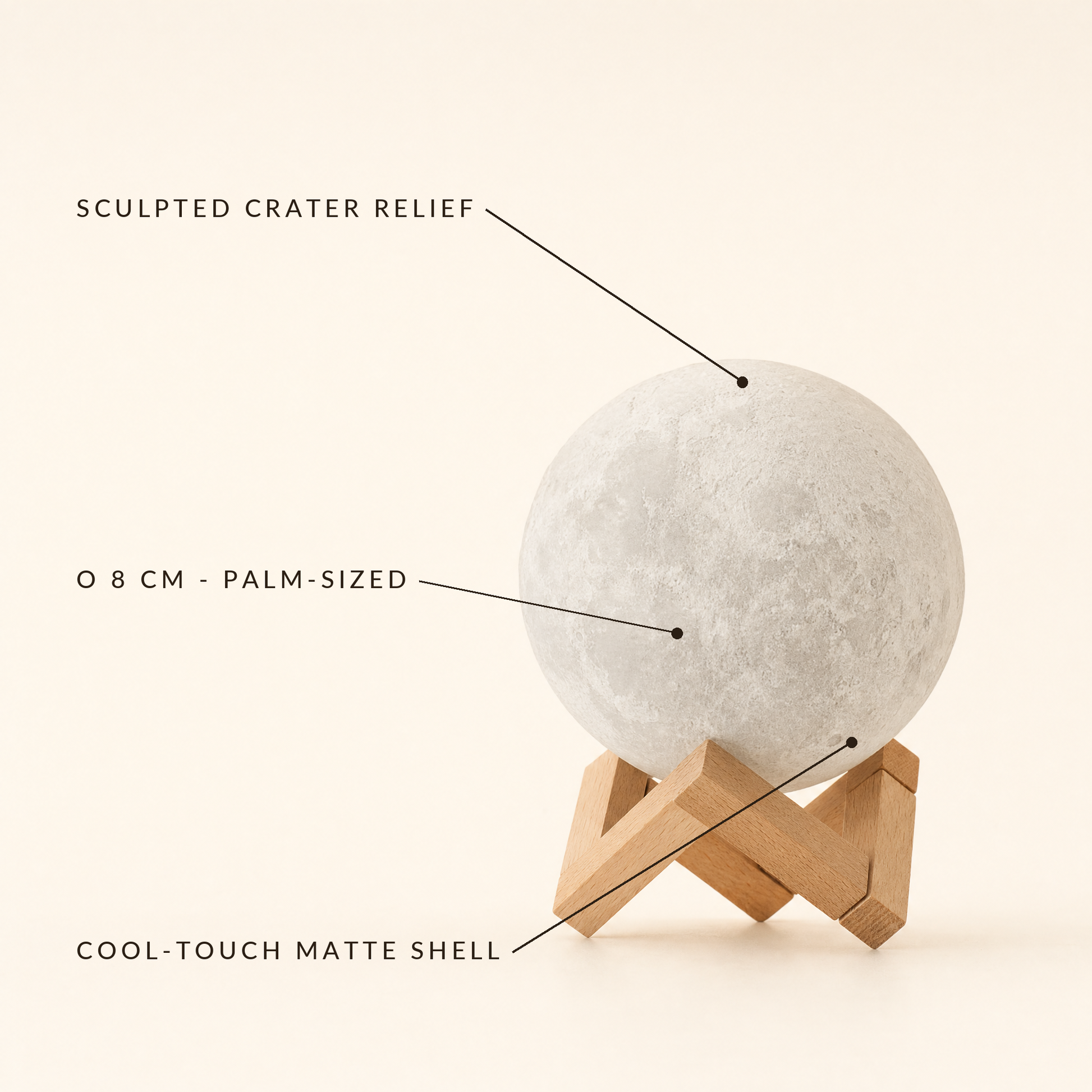 Luna features: sculpted crater relief, 8 cm palm-sized, cool-touch shell
