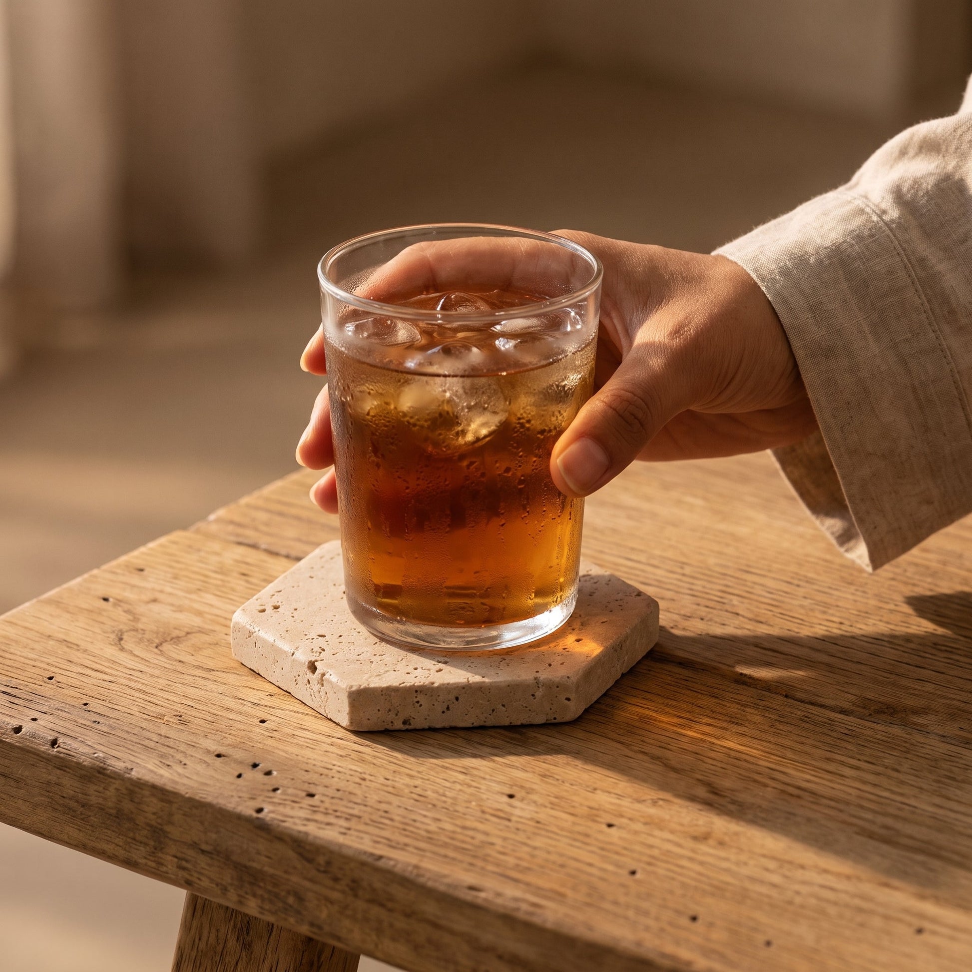 Setting an iced tea down on the hexagon Strata™ Travertine Coaster