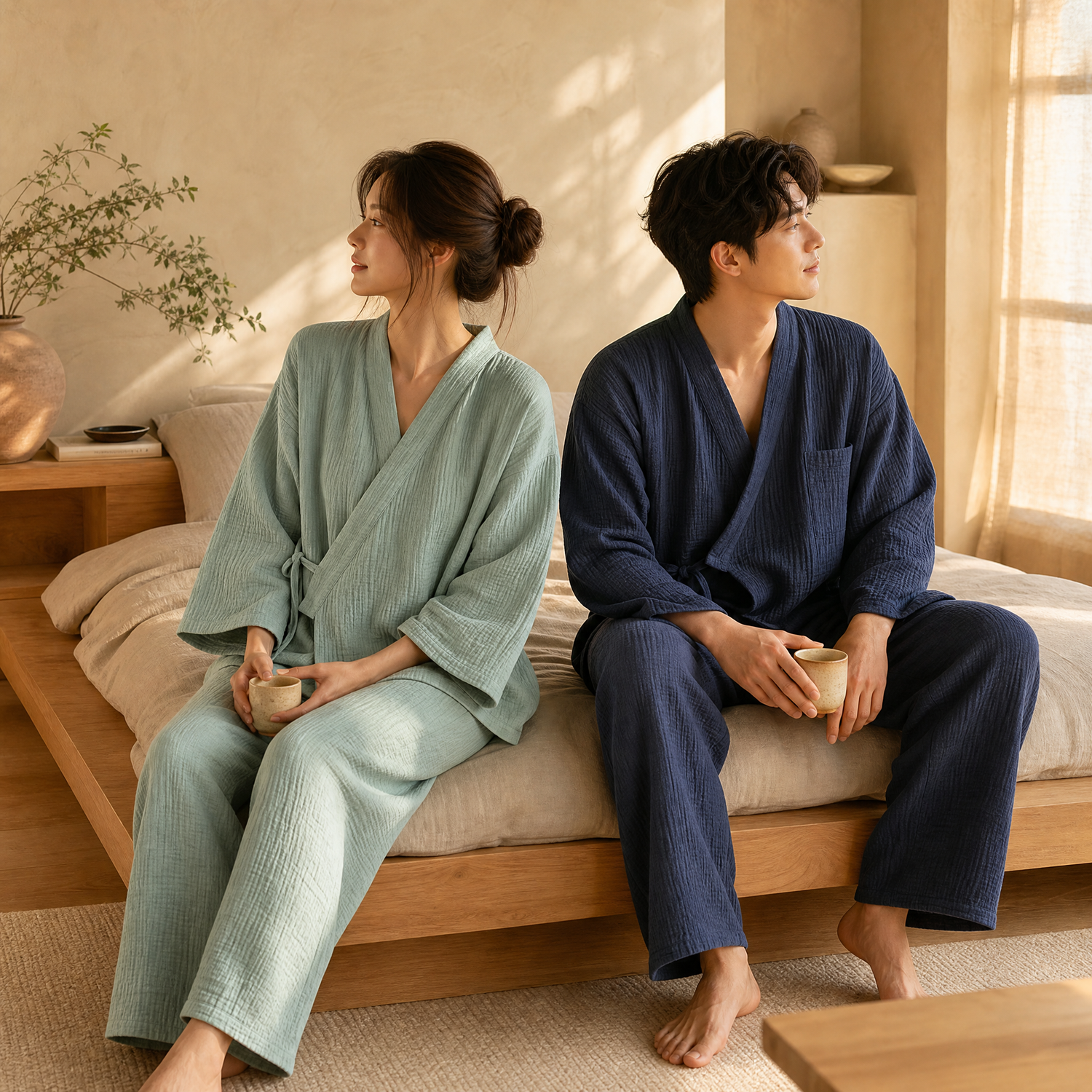 Couple wearing the sage and navy kimono pajama sets