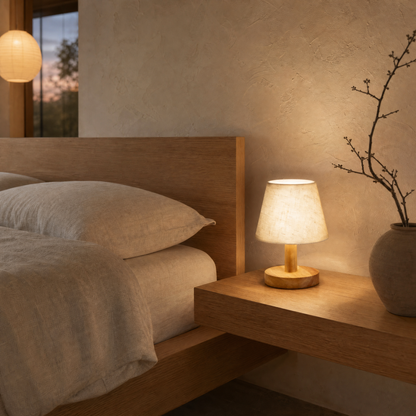 Glow lamp lit on floating oak nightstand beside linen bedding at dusk