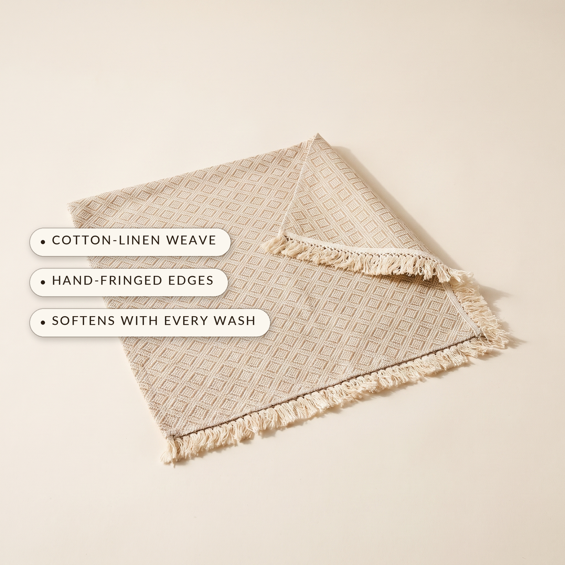 Hem™ Fringed Linen Placemat — cotton-linen weave, hand-fringed edges, softens with every wash