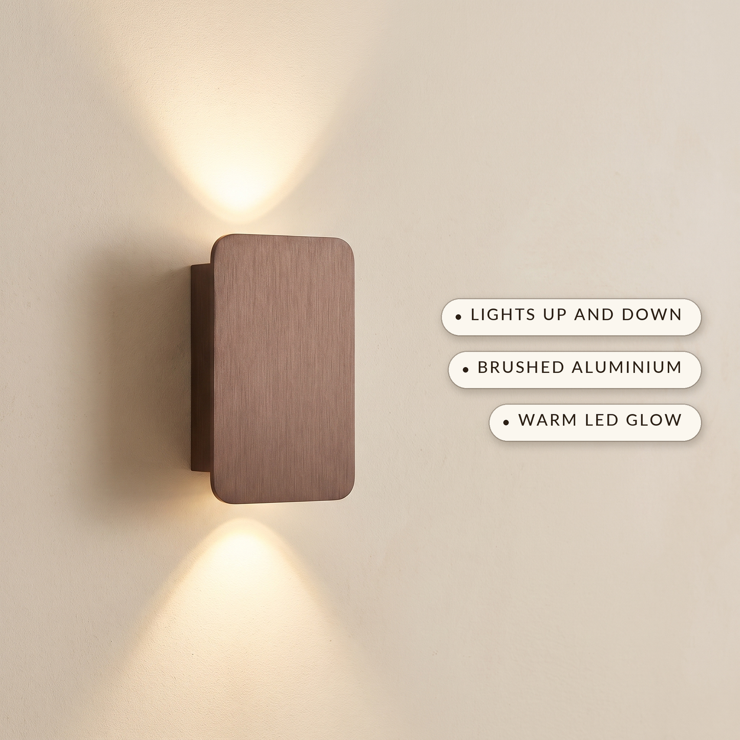 Beam™ Wall Sconce — lights up and down, brushed aluminium, warm LED glow