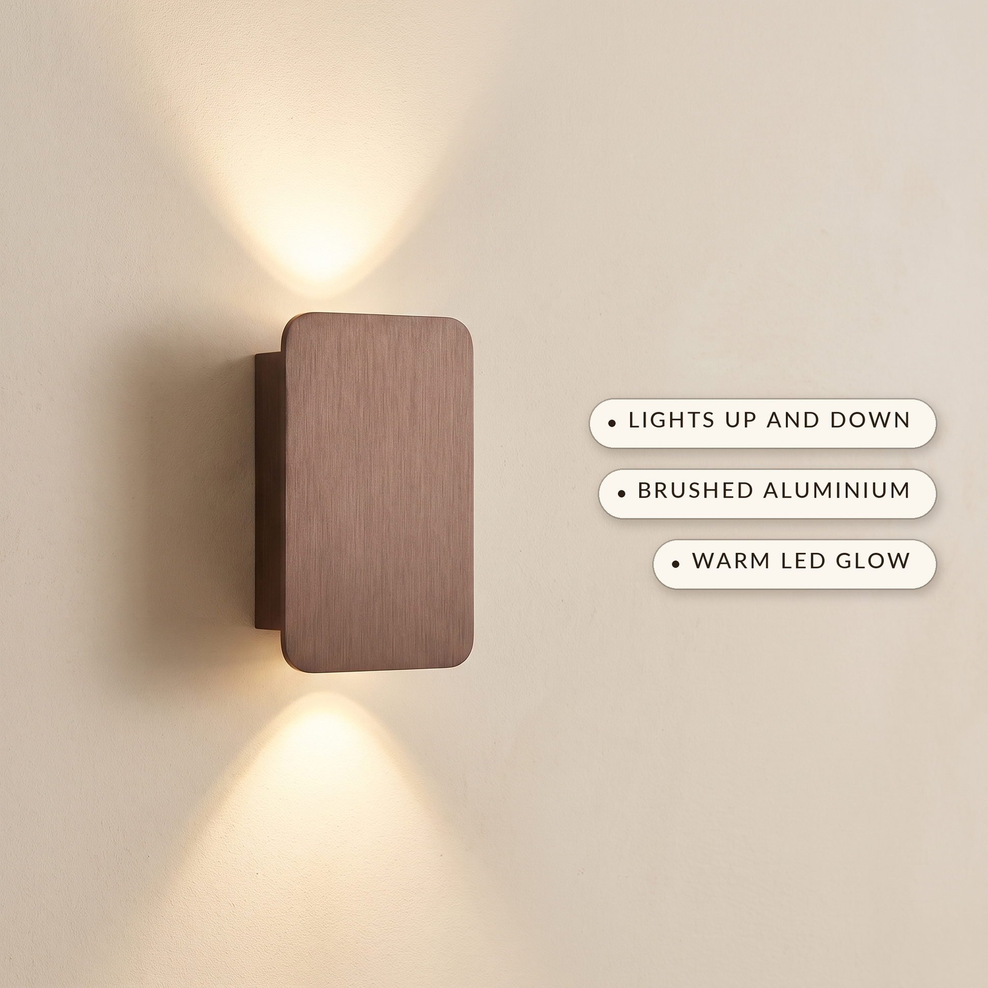 Beam™ Wall Sconce — lights up and down, brushed aluminium, warm LED glow