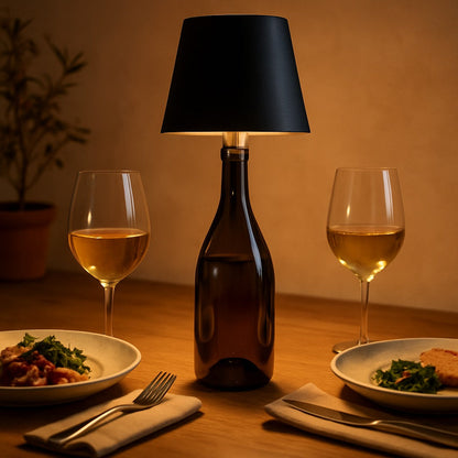Cork bottle lamp lighting a dinner table set for two