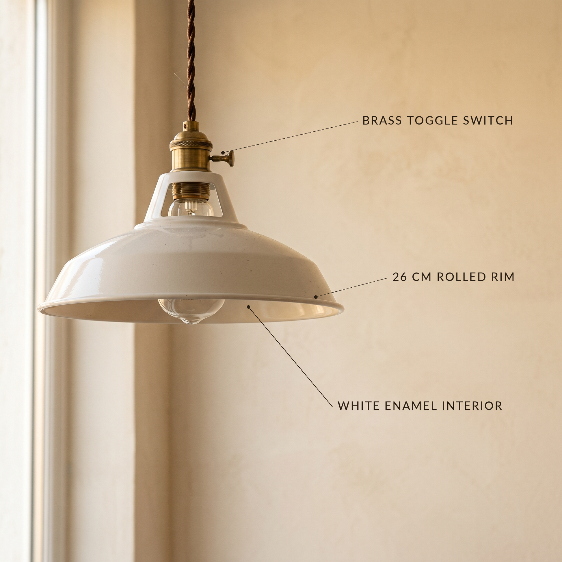 Brim Pendant with labels for the brass toggle switch, 26 cm rolled rim and white enamel interior