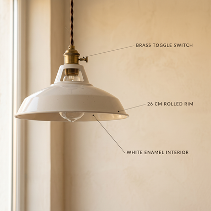 Brim Pendant with labels for the brass toggle switch, 26 cm rolled rim and white enamel interior