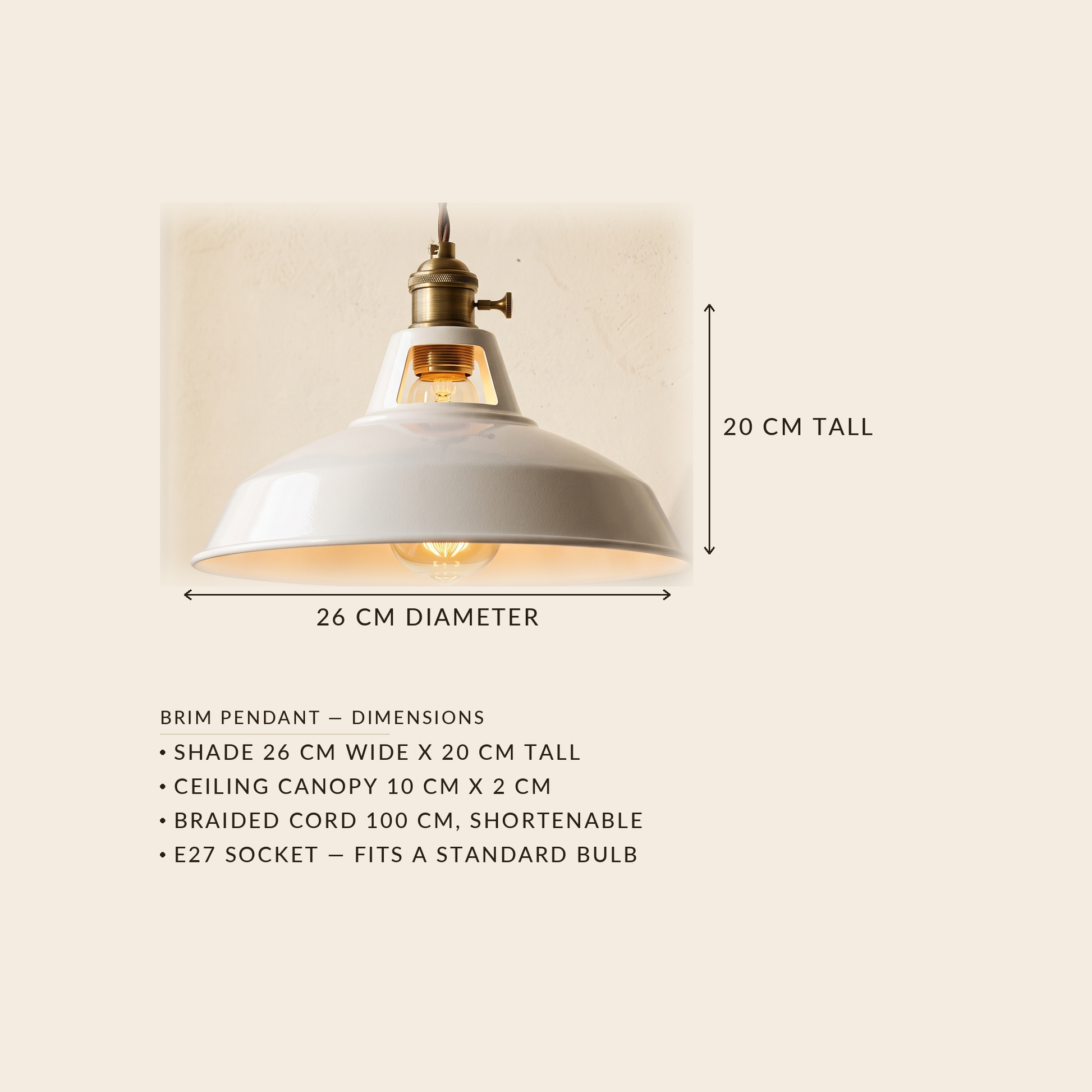 Brim Pendant dimensions: shade 26 cm wide by 20 cm tall, canopy 10 cm, cord 100 cm