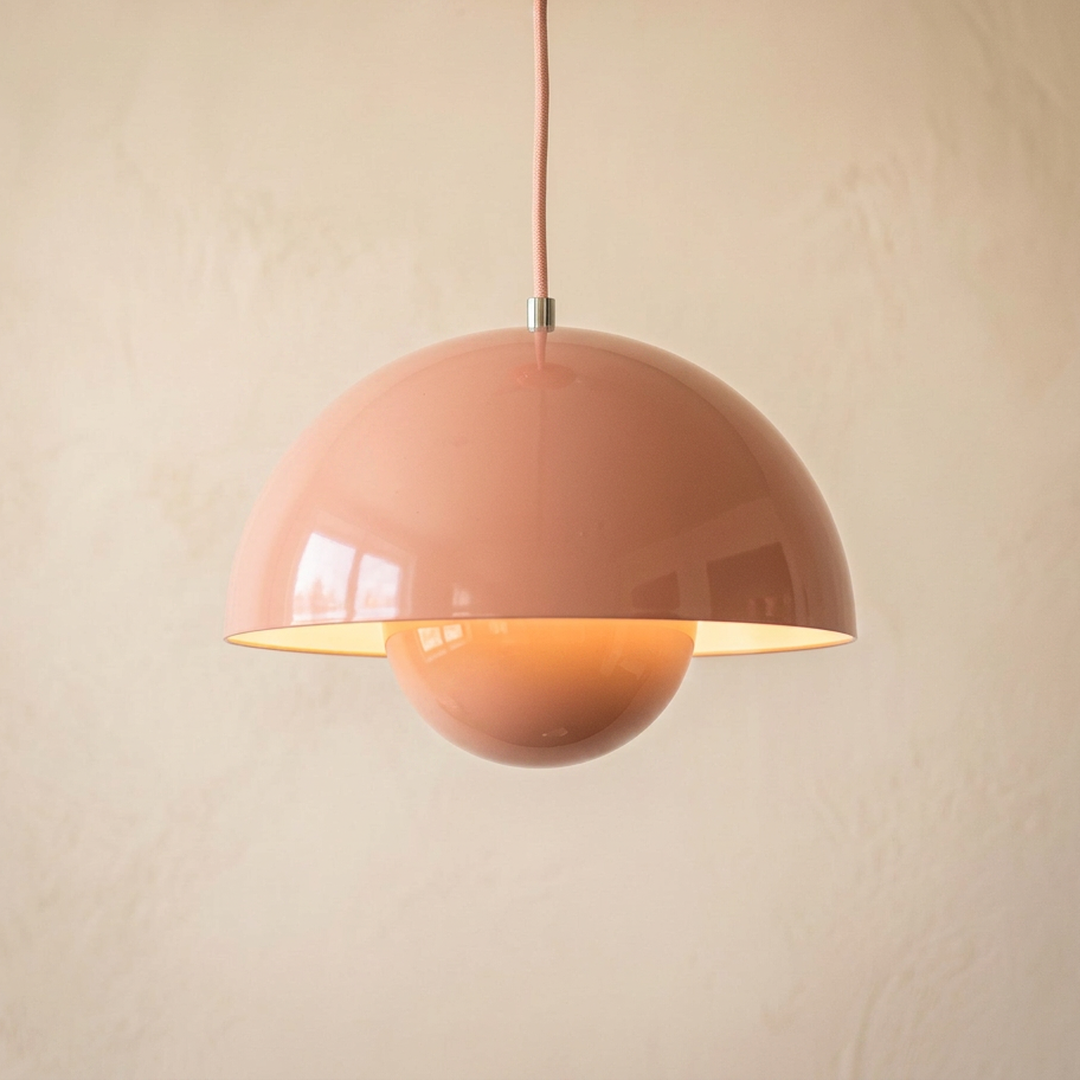 Bud pendant light in Blush, a soft salmon pink lacquer shade