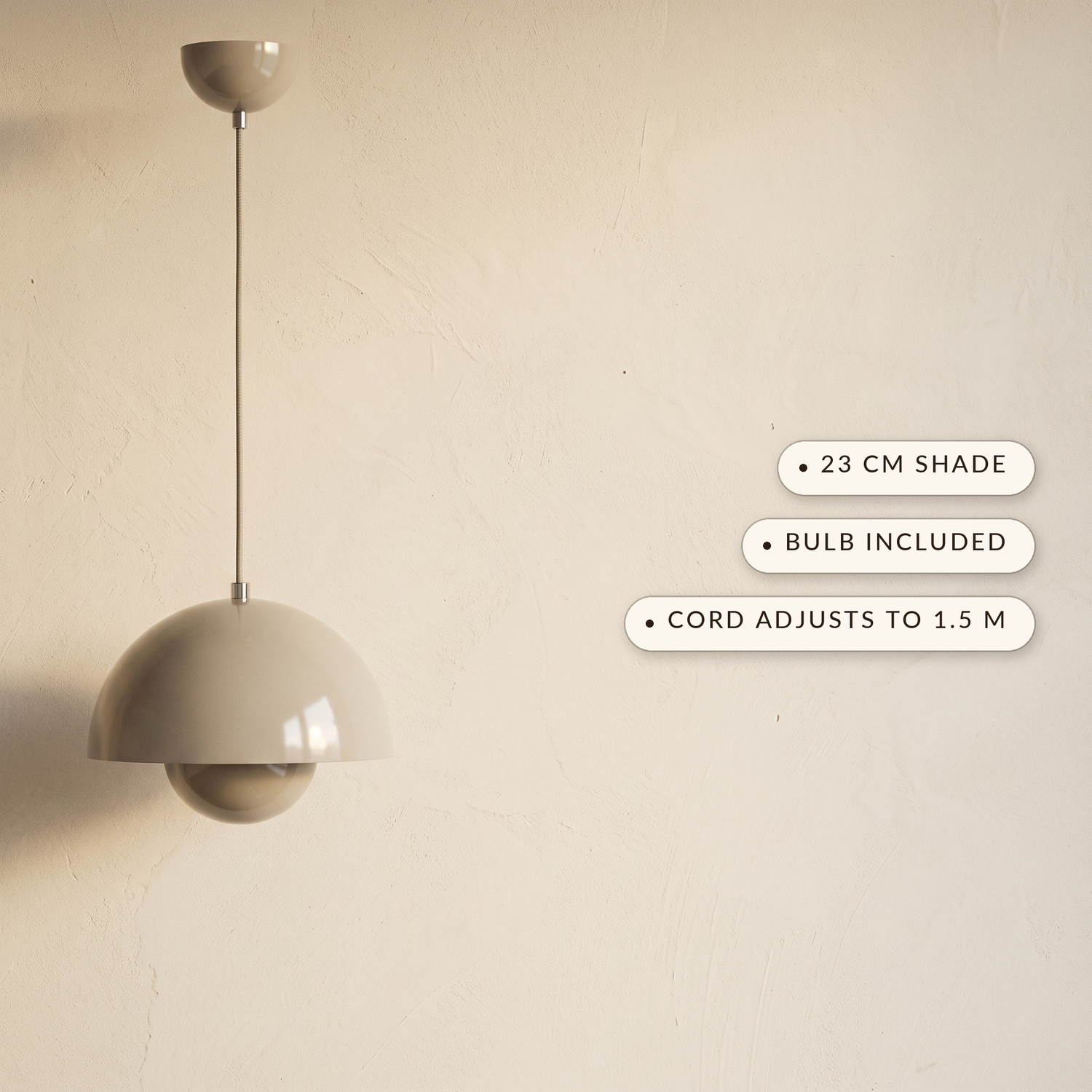 Bud pendant with labels: 23 cm shade, bulb included, cord adjusts to 1.5 m