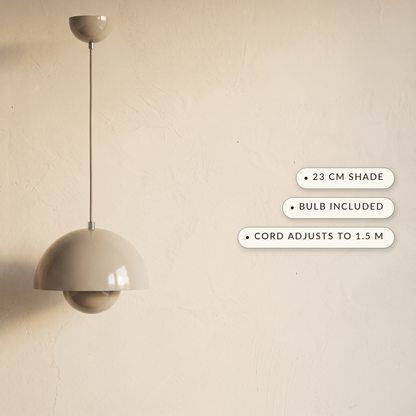 Bud pendant with labels: 23 cm shade, bulb included, cord adjusts to 1.5 m
