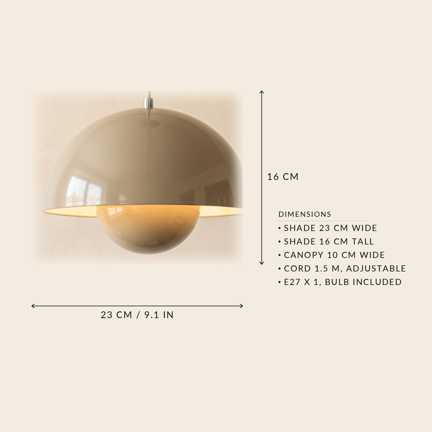Bud pendant dimensions: shade 23 cm wide and 16 cm tall, canopy 10 cm, cord 1.5 m adjustable, E27 bulb included