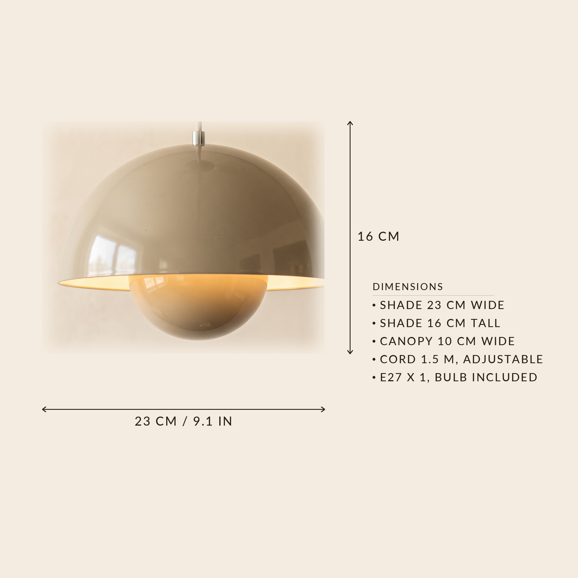 Bud pendant dimensions: shade 23 cm wide and 16 cm tall, canopy 10 cm, cord 1.5 m adjustable, E27 bulb included