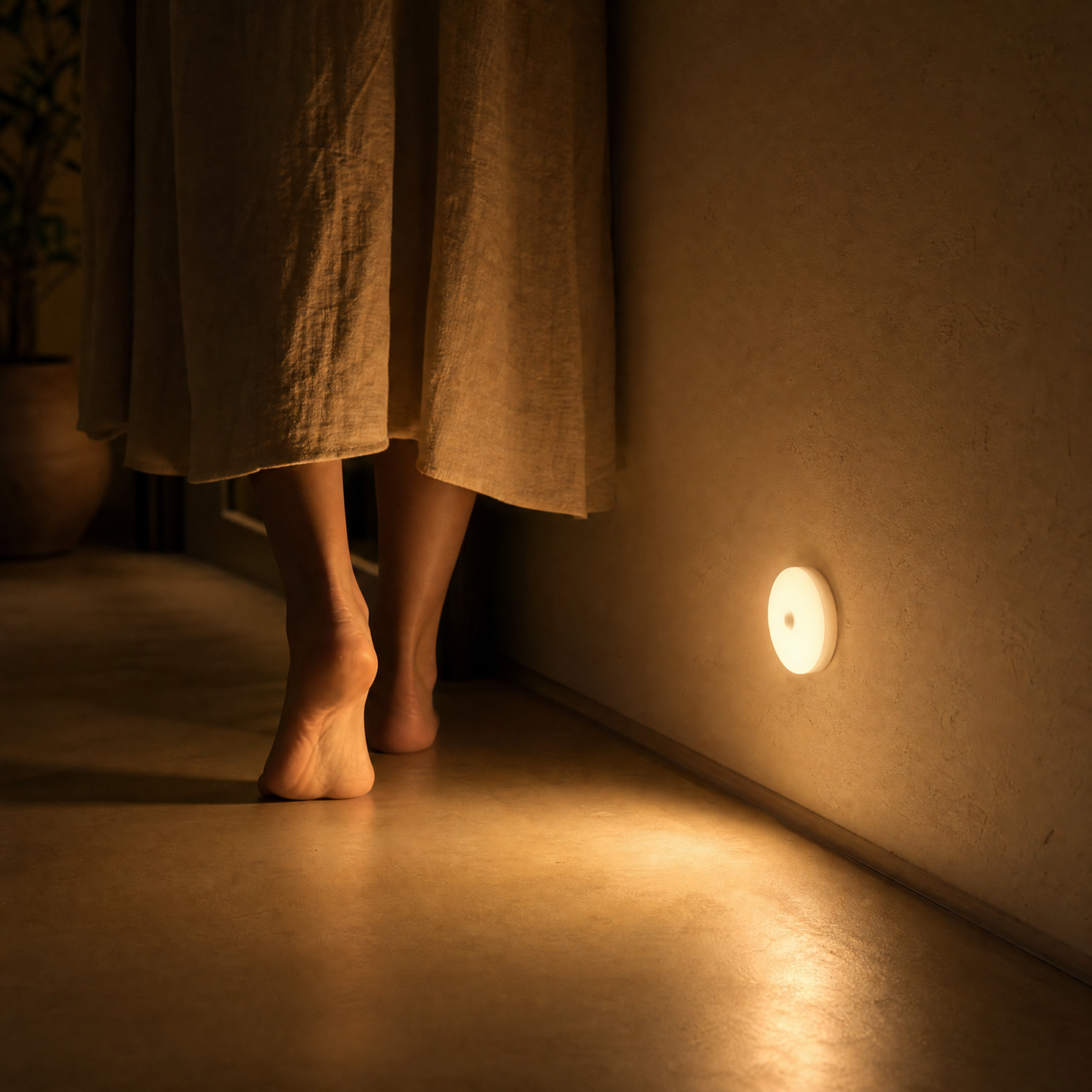 Bare feet walking a dark hallway guided by the Halo glow