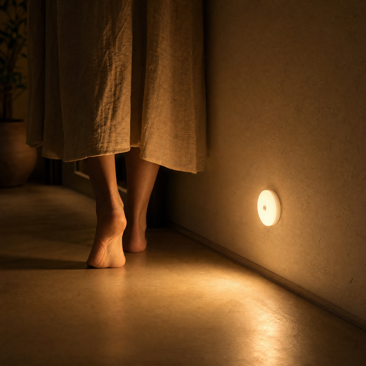 Bare feet walking a dark hallway guided by the Halo glow