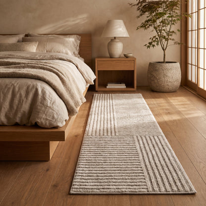 Loom™ Bedside Runner Rug alongside the oak platform bed in a warm Calm Eden-style bedroom