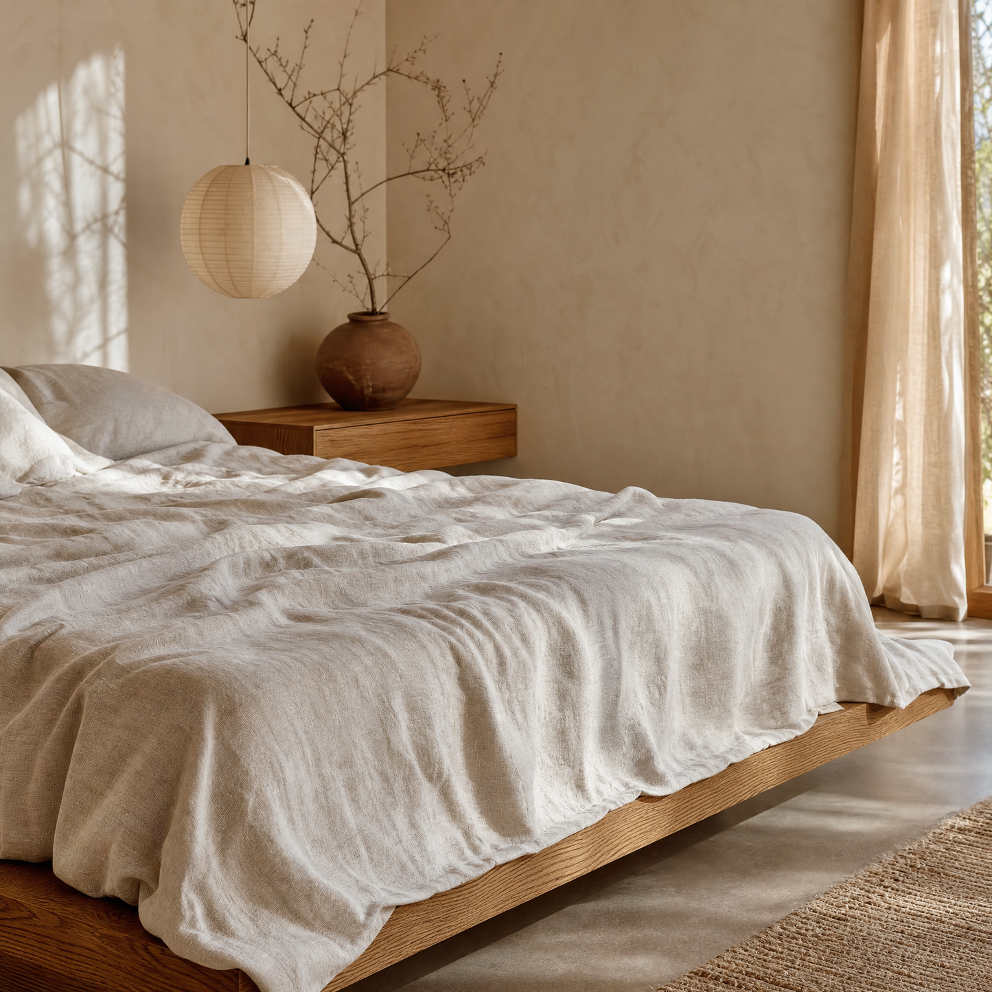 Flax oat linen sheet draped over oak platform bed in morning light