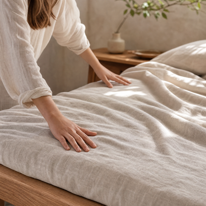 Hands smoothing the Flax oat linen sheet across the bed