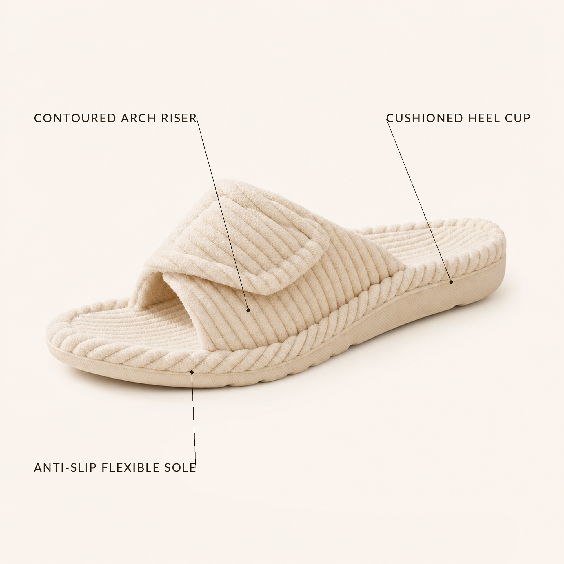 Stroll slipper features: arch riser, heel cup, anti-slip sole