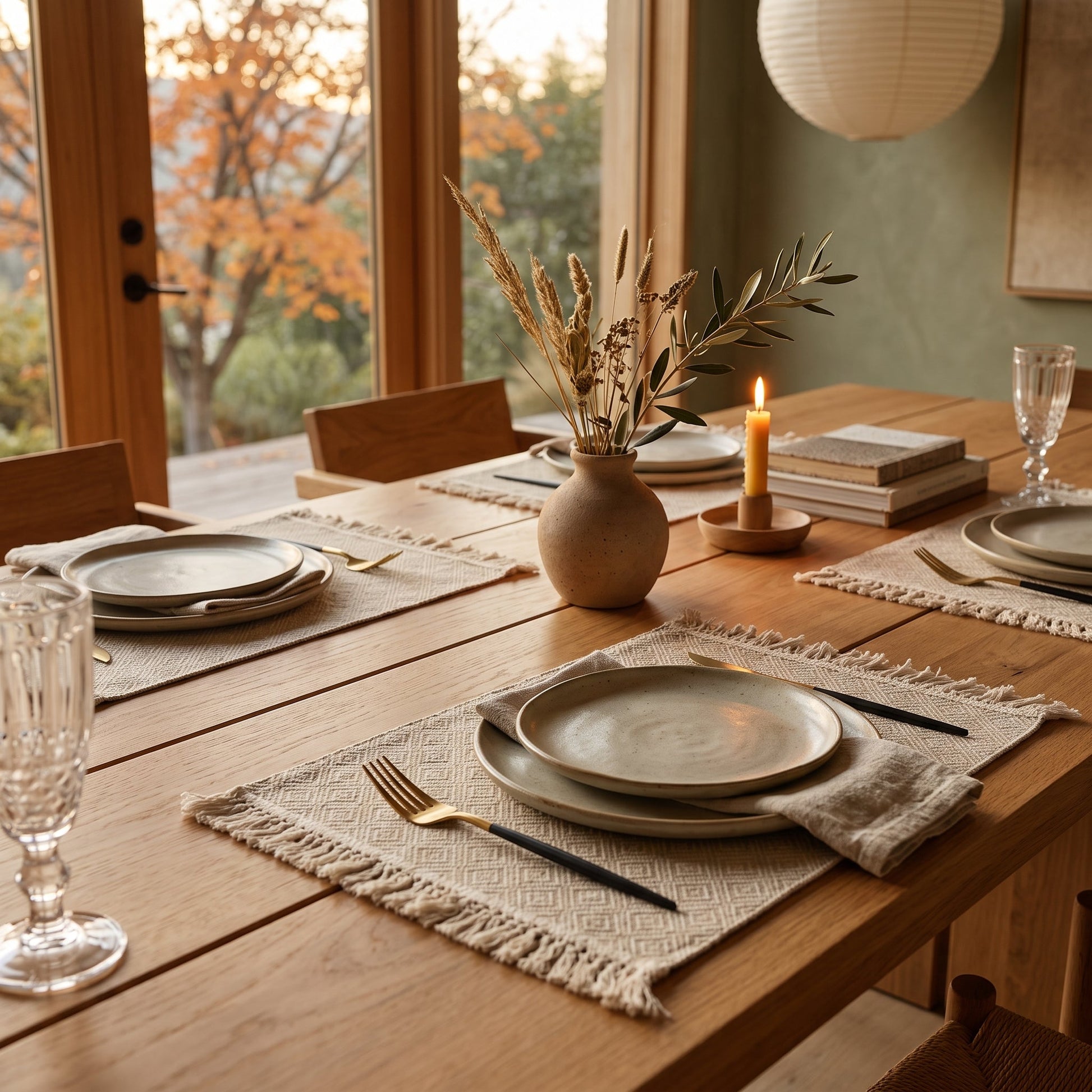 Hem™ Fringed Linen Placemats set for dinner on an oak table in Calm Eden style