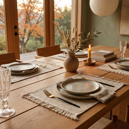 Hem™ Fringed Linen Placemats set for dinner on an oak table in Calm Eden style