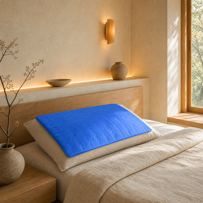 Frost cooling gel pad on pillow in golden light