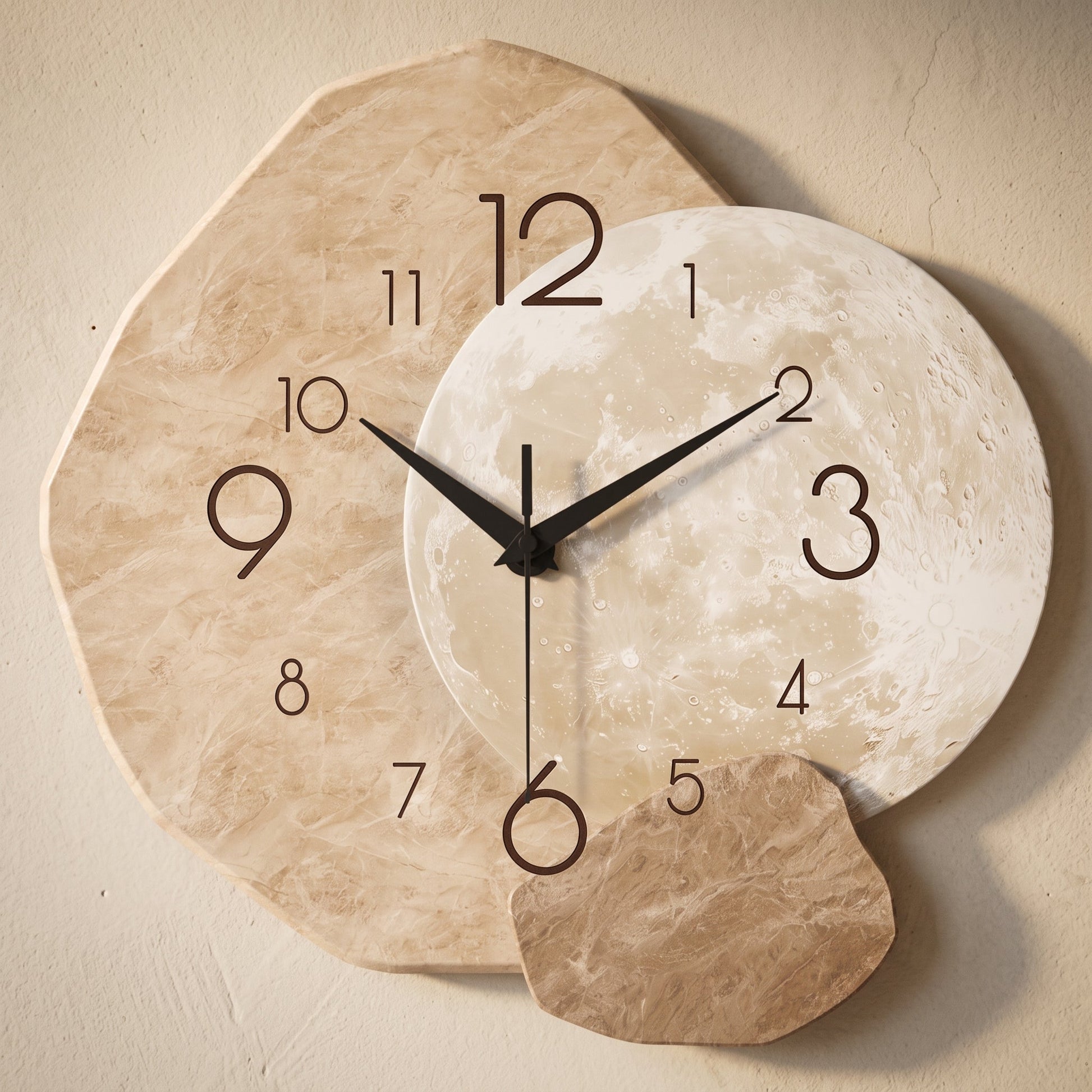 Cairn Clock, a pebble-shaped travertine wall clock with a raised moon disc, on a warm cream plaster wall