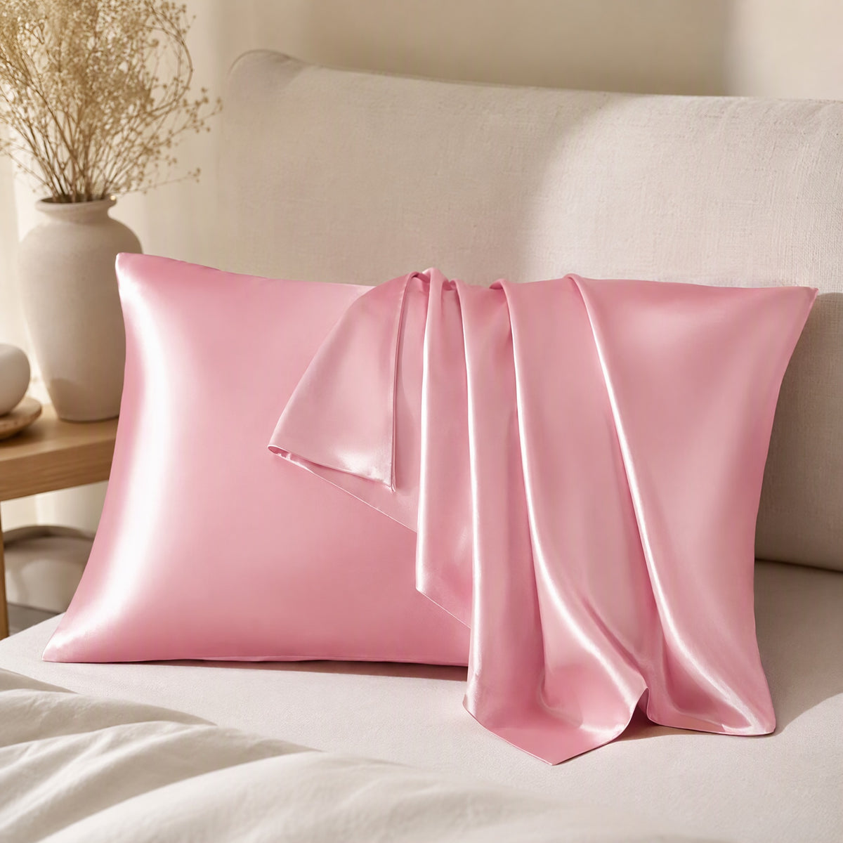 Silksnooze™ Polyester Imitation Silk Pillowcase, styled close view