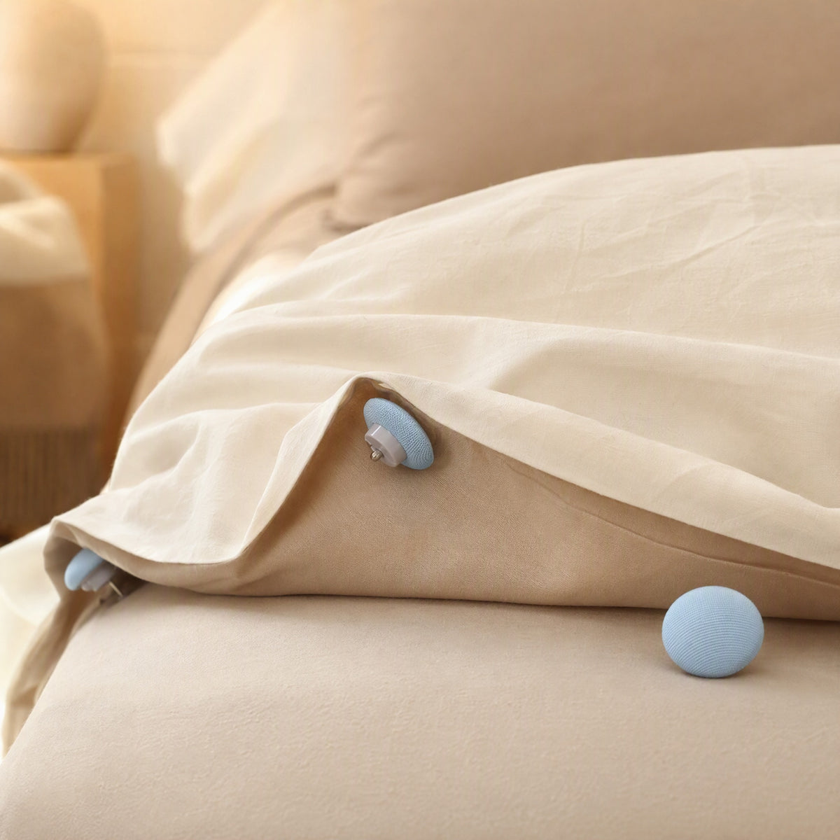 Capgrip™ Mushroom-Shaped Duvet Cover Fasteners, styled close view