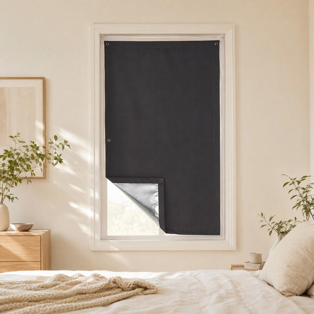 Shadecling™ Polyester Suction Cup Room Darkening Curtain in a calm home setting