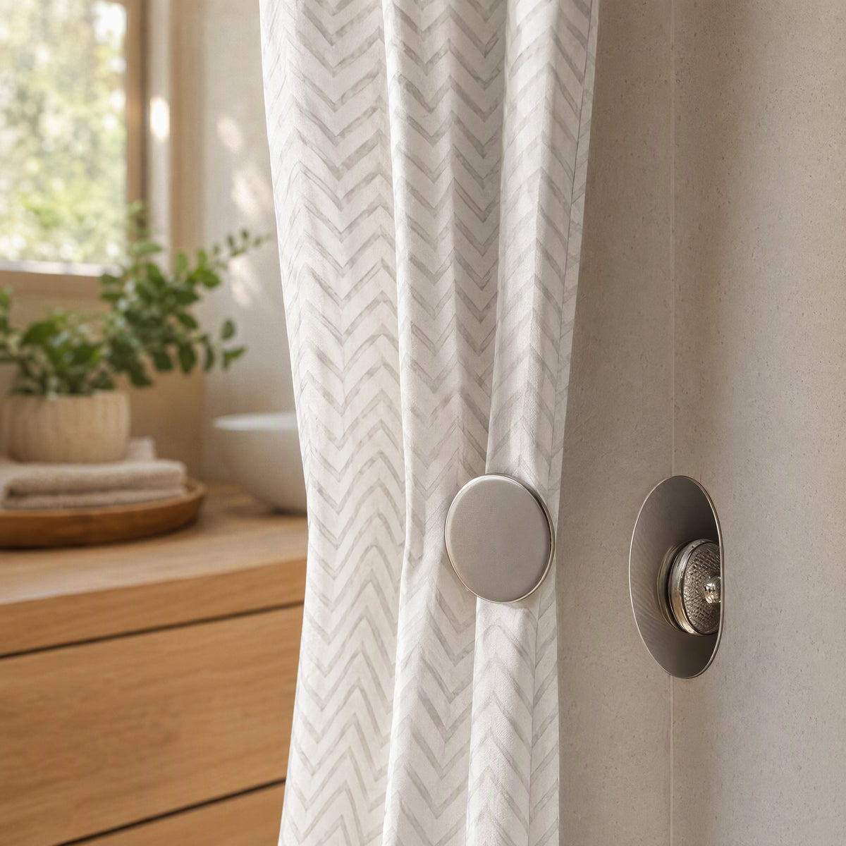 Drapesnap™ Alloy Magnetic Shower Curtain Clips in a calm home setting