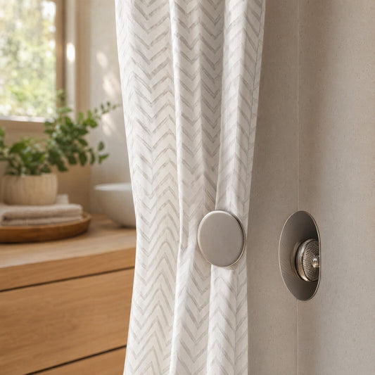 Drapesnap™ Alloy Magnetic Shower Curtain Clips in a calm home setting