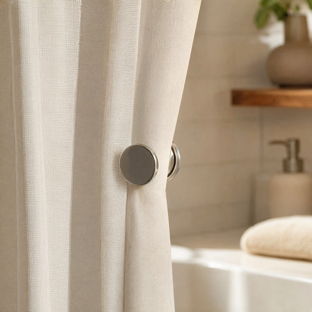 Drapesnap™ Alloy Magnetic Shower Curtain Clips, styled close view