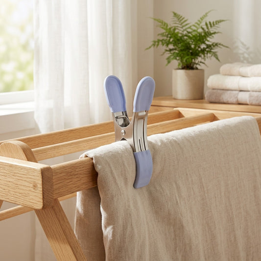 Sheetgrip™ Stainless Steel Bed Sheet Clips in a calm home setting